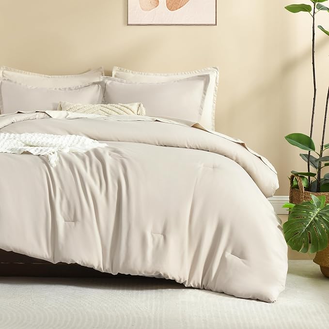 Litanika Comforters Tannish Grey Full Size, 3 Pieces Lightweight Solid Bedding Set & Collections, All Season Fluffy Bed Set (79x90In Comforter & 2 Pillowcases)