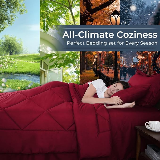 HEVUMYI Red King Comforter Set - 7-Piece All Season Bed in a Bag King, Ultra Soft Bedding Set with Comforter, Flat Sheet, Fitted Sheet, Pillowcases, Pillow Shams