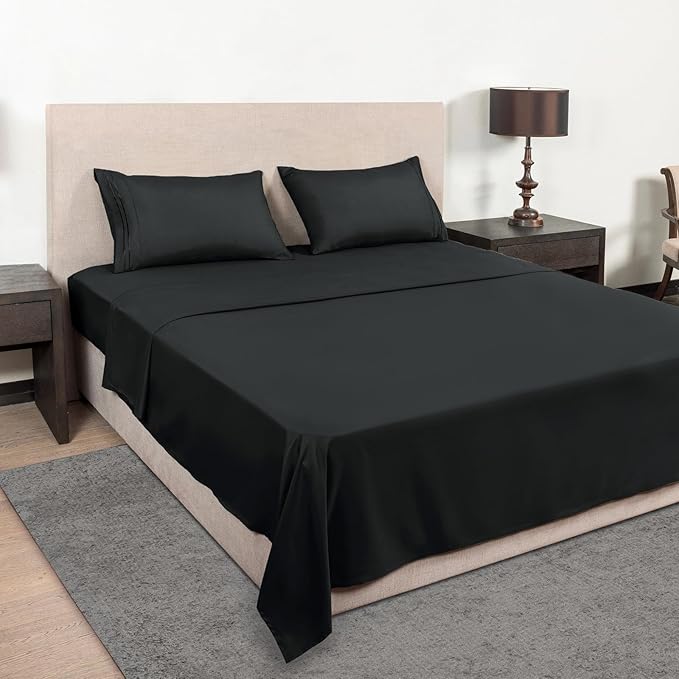 Mejoroom Queen Size Sheet Set - Hotel Luxury 1800 Bedding Sheets & Pillowcases - Deep Pocket Fitted Sheet, Soft, Breathable, Wrinkle & Fade Resistant - 4 Piece (Queen, Black)