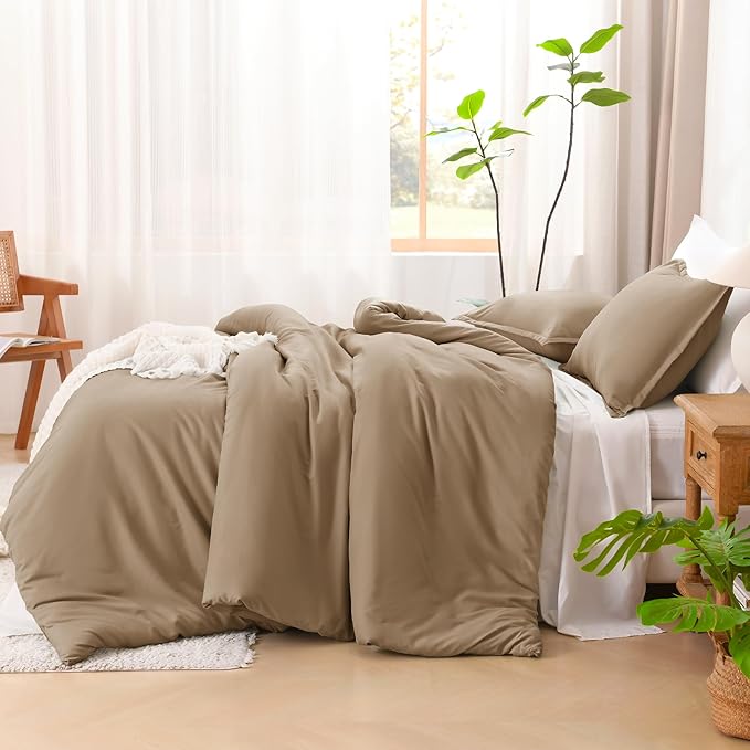 Litanika Comforters Taupe Oversized Queen Size, 3 Pieces Lightweight Solid Bedding Set & Collections, All Season Fluffy Bed Set (98x98In Comforter & 2 Pillowcases)