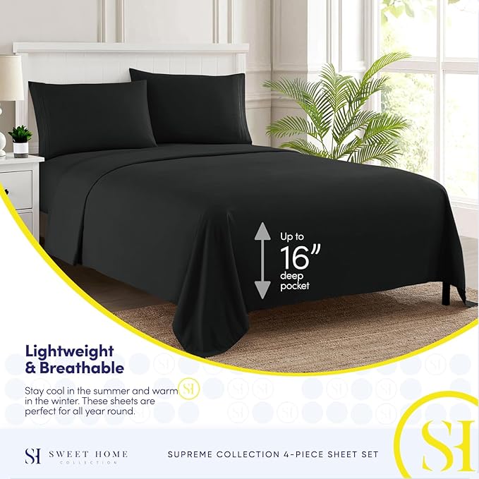 California King Sheet Sets - Breathable Luxury Sheets with Full Elastic & Secure Corner Straps Built In - 1800 Supreme Collection Cal King Deep Pocket Bedding Set, Sheet Set, California King, Black