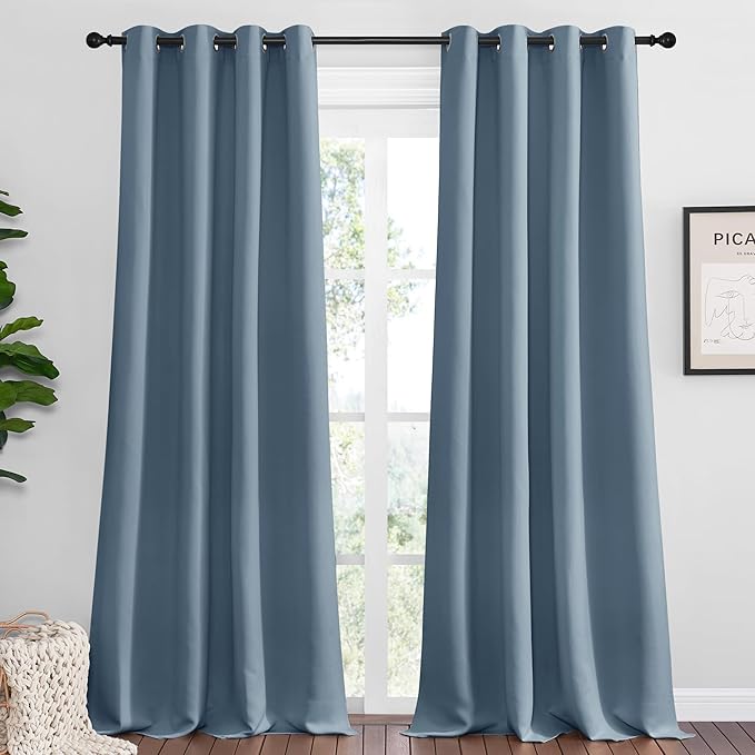 NICETOWN Smoky Blue Blackout Curtains 102 inches Length for Living Room, 2 Panels, 55" Wide, Thermal Insulated Long Drapes for Large Window