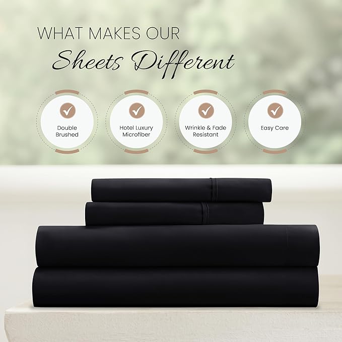 Linen Market Brushed Microfiber Queen Sheet Set 4 Piece – Oeko-TEX Certified Ultra Soft & Wrinkle-Free - 16" Deep Pocket Sheets - Easy Care Queen Size - Black