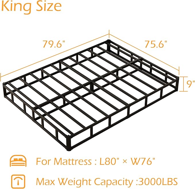 King Box Spring 9 Inch, Heavy Duty Metal Box Spring Bed Base with Fabric Cover, Mattress Foundation, Easy Assembly, Noise Free, Black