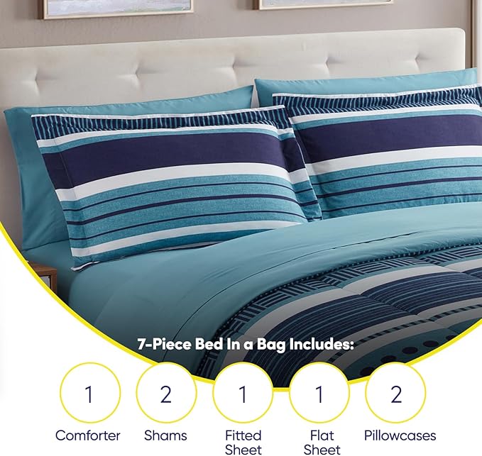Sweet Home Collection 7 Piece Comforter Set Bag Solid Color All Season Soft Down Alternative Blanket & Luxurious Microfiber Bed Sheets, Marino, Full