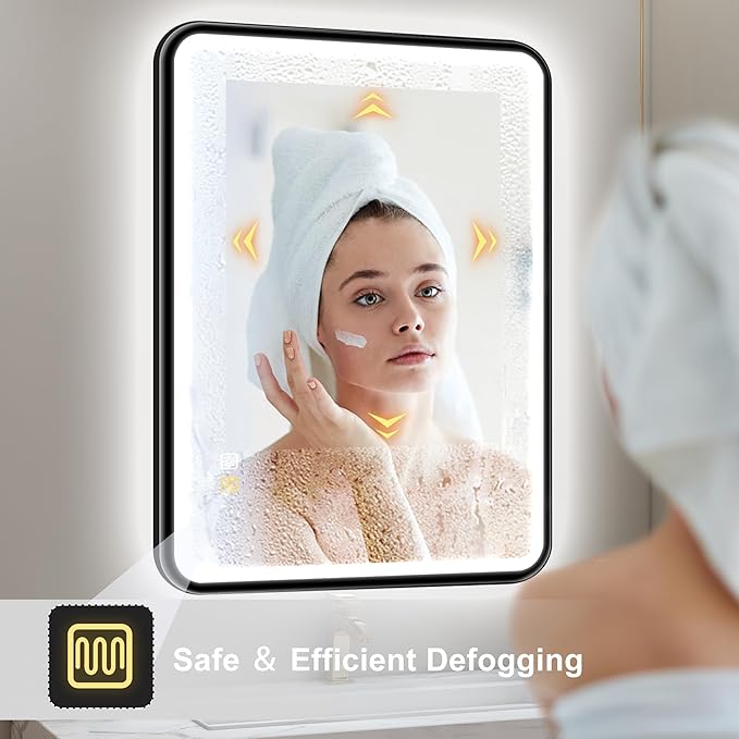 S'bagno 32X24 Black LED Mirror for Bathroom with Frontlit & Backlit, LED Bathroom Mirror with Metal Frame, Anti-Fog, Stepless Dimmable, 3 Colors Temperature LED Vanity Mirror(Horizontal/Vertical)