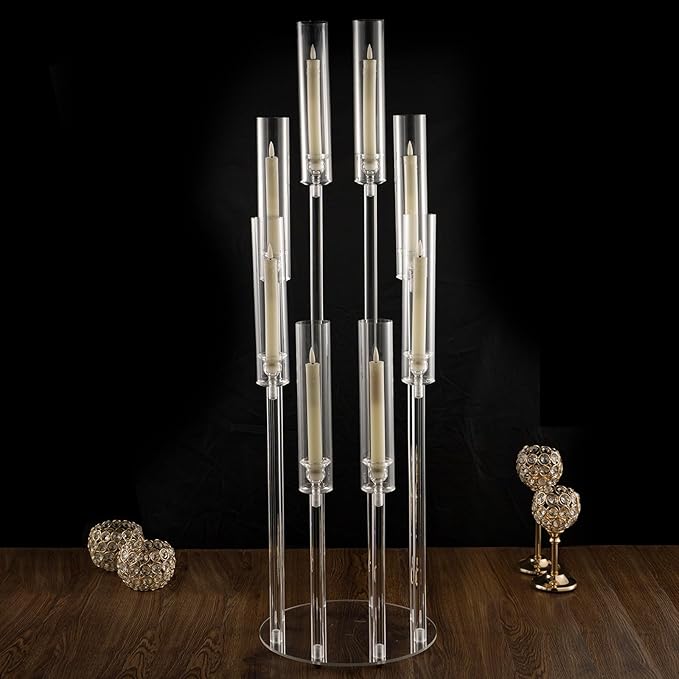 VINCIGANT 8 Arms Clear Candlesticks Holder for Wedding Decorations,Tall Arcylic Candelabra Candle Holder with Shade for Valentines Day Events Party Table Centerpiece,Fit LED Candles