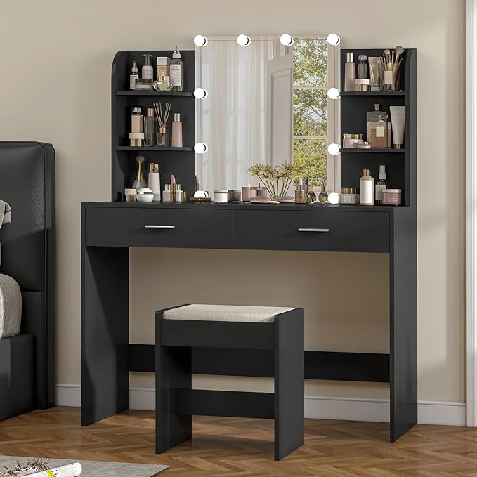 usikey Vanity Desk with Mirror and Lights, Vanity Makeup Table Set with 2 Drawers & 6 Open Shelves, Makeup Vanity Desk Dressing Table with Cushioned Stool, Black