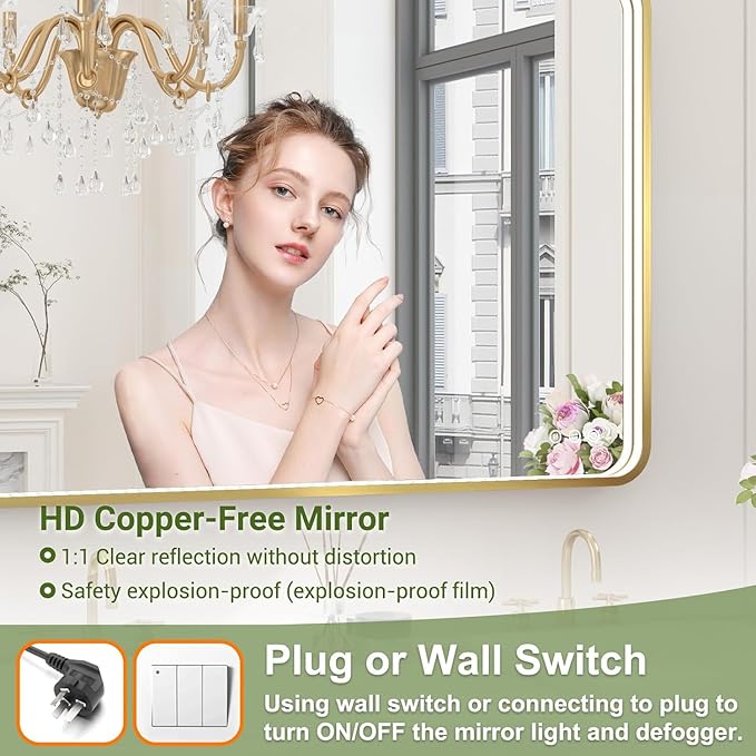 60x36 Inch LED Bathroom Mirror with Lights, Gold Metal Framed LED Mirror for Bathroom, 3 Colors and Stepless Dimmable Wall Mounted Lighted Bathroom Vanity Mirror, Anti-Fog, Memory