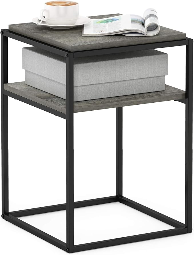 Furinno Simplistic End Side Night Stand/Bedside Table with Stainless Steel Tubes, Stackable Metal Frame, French Oak Grey