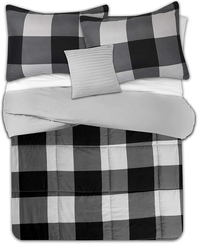 7 Piece Comforter Set Bag Solid Color All Season Soft Down Alternative Blanket & Luxurious Microfiber Bed Sheets, Queen, Buffalo Plaid Black/Gray