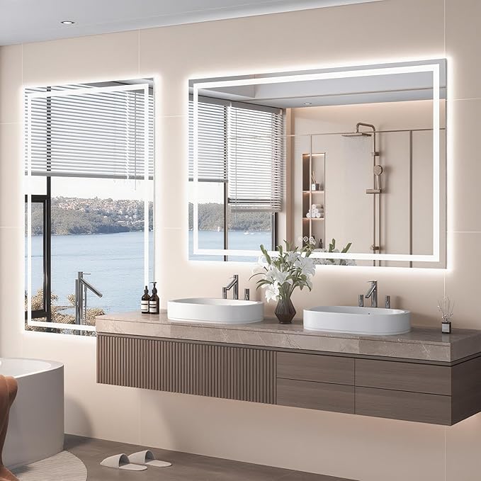 72"X40" LED Bathroom Mirror with Front Lights and Backlit, Anti-Fog, Dimmable, Shatter-Proof Tempered Glass, Lighted Bathroom Vanity Mirror for Wall with 3 Colors, Memory Function