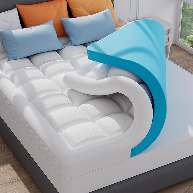 ELEMUSE Queen Size Dual Layer 3 Inch Memory Foam Mattress Topper, 2 Inch Cooling Gel Memory Foam Bed Pad and 1 Inch Soft Pillow Top Mattress Pad for Back Pain Relief & Hot Sleepers