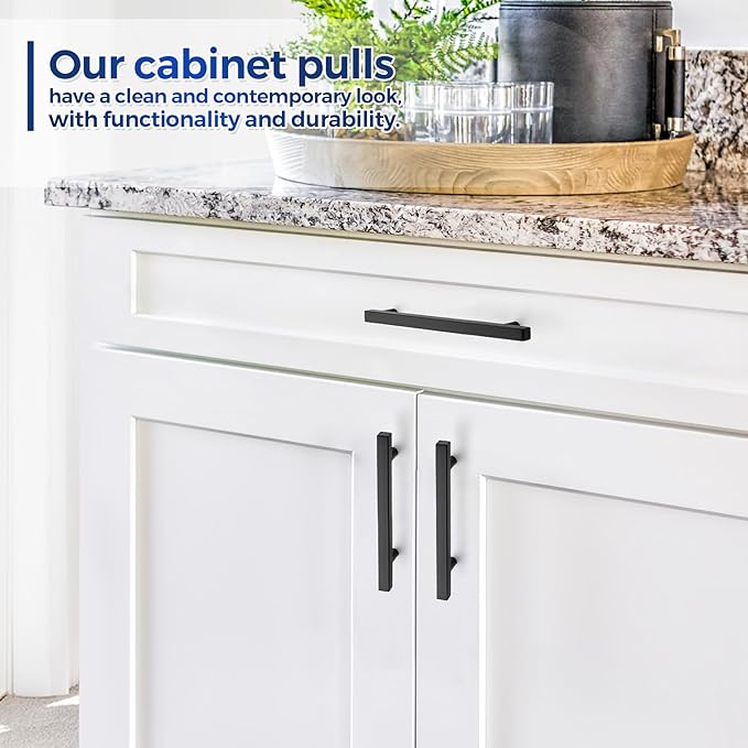 JOY DECOR 60 Pack 5 Inch Matte Black Square Cabinet Handles Stainless Steel Cabinet Hardware Pulls for Kitchen and Drawers with 7-3/8 Inch Overall Length