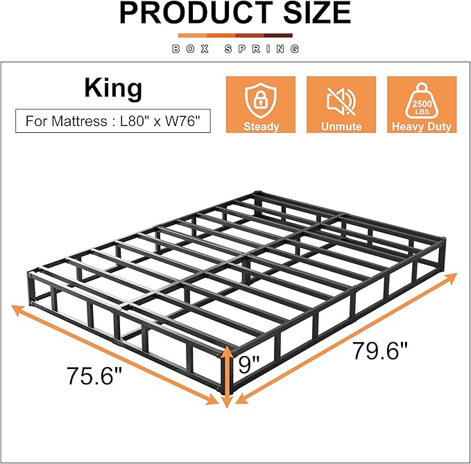 EMODA King Box Spring 9 Inch Heavy Duty Bed Base Metal Mattress Foundation with Fabric Cover, 3000LBS Max Weight Capacity, Noise Free, Easy Assembly