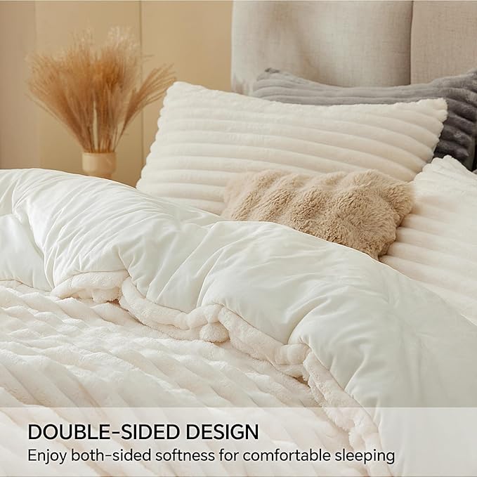 BEDELITE Fleece California King Comforter Set -Super Soft & Warm Fluffy Cream White Bedding, Luxury Fuzzy Heavy Bed Set for Winter with 2 Pillow Cases