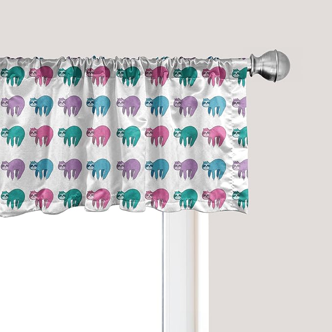 Ambesonne Funny Sloth Window Valance Pack of 2, Colorful Art Repeating Lazy Animal on Plain Backdrop, Rod Pocket Curtain Valances for Kitchen Bedroom, 54" X 12", Dark Seafoam Pink