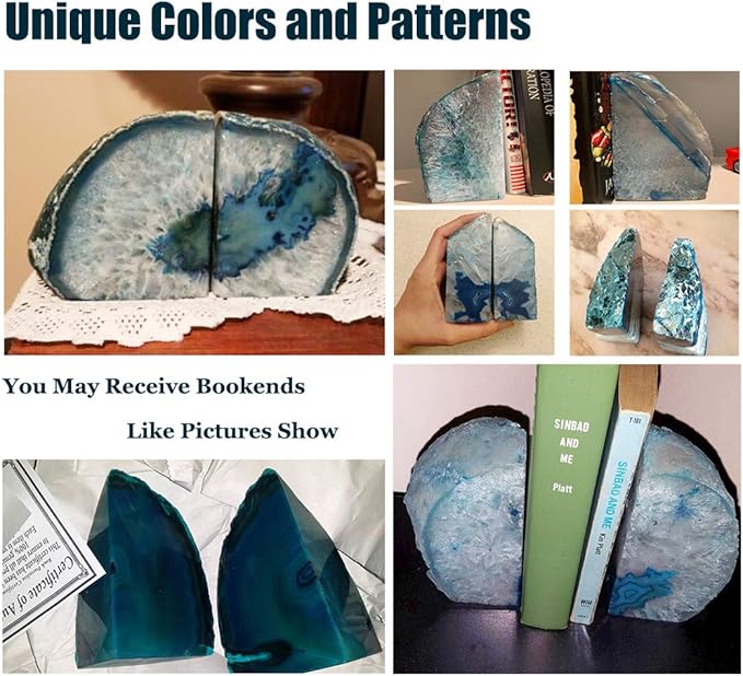 AMOYSTONE Agate Geode Bookends Heavy Duty Stone Book Ends Decorative Bookend Holder Home Office Decor with Rubber Bumpers Teal 1 Pair, 2-3 LBS