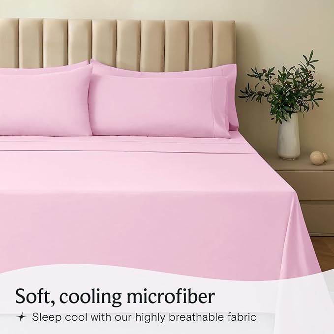 LuxClub 4 PC Sheet Set Bed Sheets Deep Pockets 16" Eco Friendly Wrinkle Free Cooling Machine Washable Hotel Bedding Silky Soft - Powder Pink King