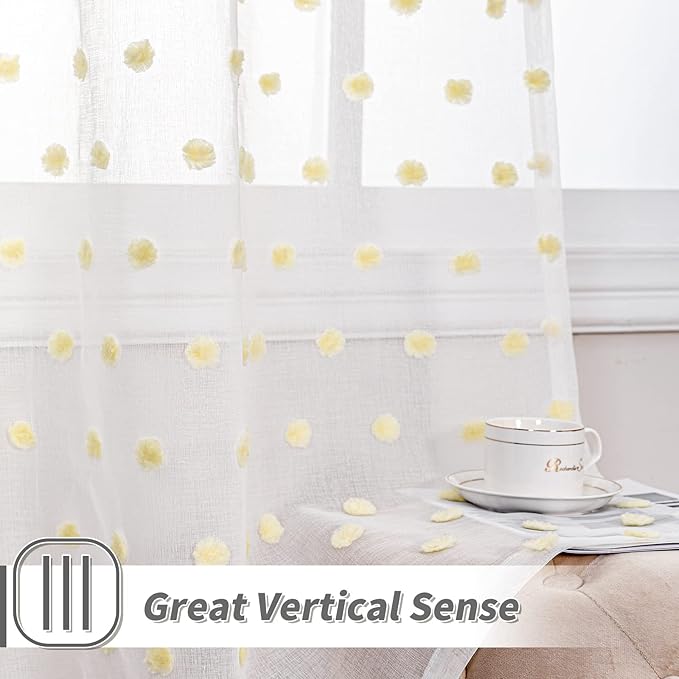 MYSKY HOME Curtains for Bedroom Yellow Pom Pom Curtains for Living Room 72 Inch Length Long Doorway White Sheer Curtains for Nursery Teens Kids Room Set of 2 Rod Pocket Farmhouse 52 x 72 in