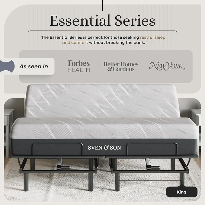 Sven and Son Essential Adjustable Bed Base (Frame) + 14 inch Hybrid Spring Matt (Medium Soft), Easy Assembly, Head and Foot Lift, Memory Positions, Zero Gravity, Wireless Remote - King