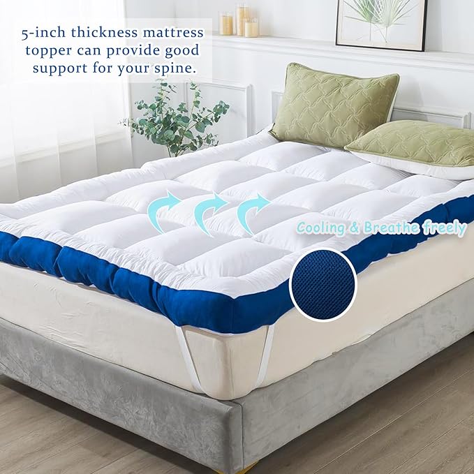 WhatsBedding 5 Inch Memory Foam Queen Mattress Topper 100% Cotton Top, Filled with Breathable & Soft Memory Foam Pillow Top,4 Elastic Straps, 80x60x5 Inch, Queen