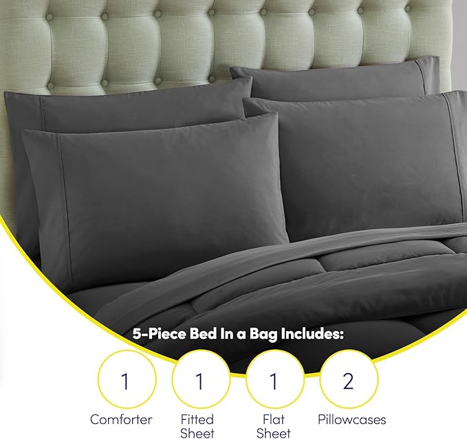 Sweet Home Collection 5 Piece Comforter Set Bag Solid Color All Season Soft Down Alternative Blanket & Luxurious Microfiber Bed Sheets, Gray, Twin (Pack of 4)