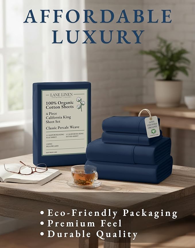 LANE LINEN 100% Organic Cotton California King Bed Sheets, 4-Piece Pure Percale Sheets Soft Breathable Cotton Bed Sheets, Deep Cal King Sheets for Thick Mattress - Navy