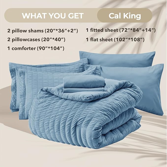 HYMOKEGE Mineral Blue California King Comforter Set Seersucker 7 Pieces, All Season Luxury Bed in a Bag for Bedroom, Bedding Set with Comforter, Sheets, Pillowcases & Shams