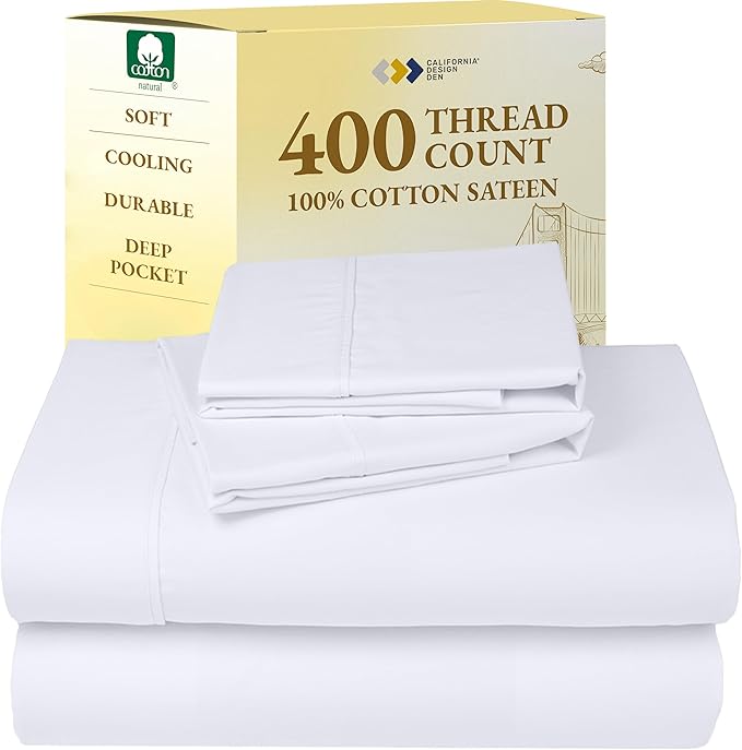 California Design Den Natural 100% Cotton Sheets Queen Size Bed Set - Soft 400 Thread Count Sateen, Queen Sheets, Deep Pockets with All Around Elastic for a Snug Fit, Cool & Durable Bedding - White