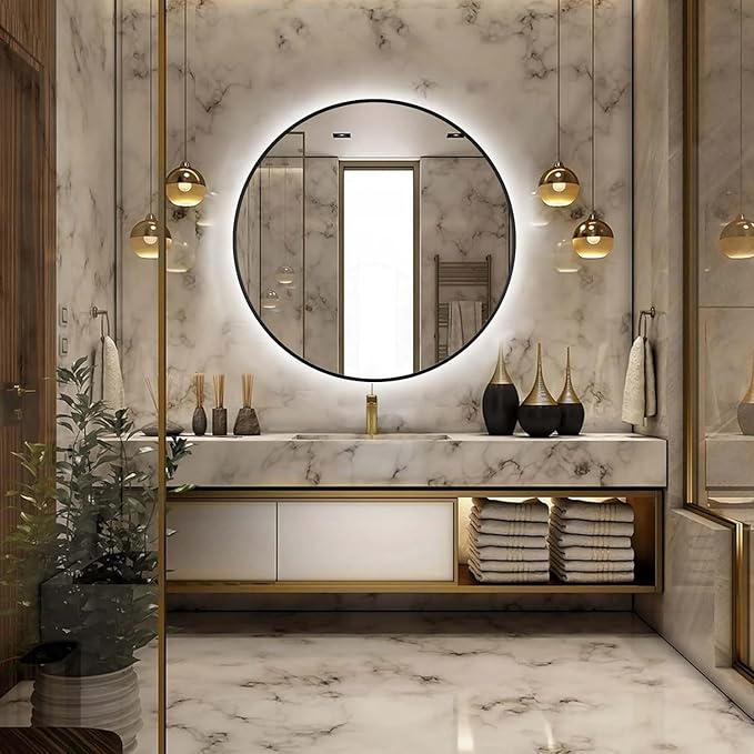 48" Round LED Bathroom Mirror, Wall Mounted Backlit Vanity Mirror with 45° Beveled Frame Lighted Mirror for Bedroom, Fog Free 3-Color Dimmable Lights Memory Function, Black
