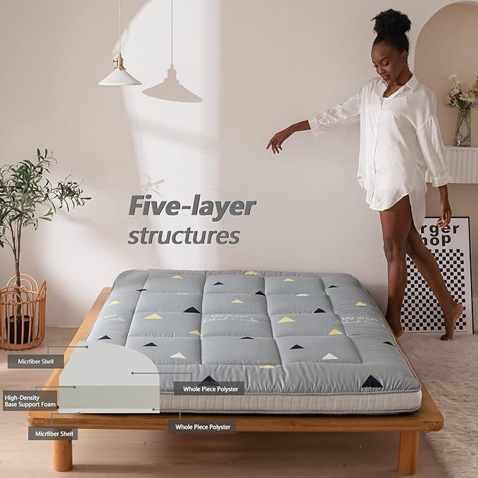 MAXYOYO Grey Triangle Futon Mattress, Padded Japanese Floor Mattress Quilted Bed Mattress Topper, Extra Thick Folding Sleeping Pad Breathable Floor Lounger Guest Bed for Camping Couch, Twin Size