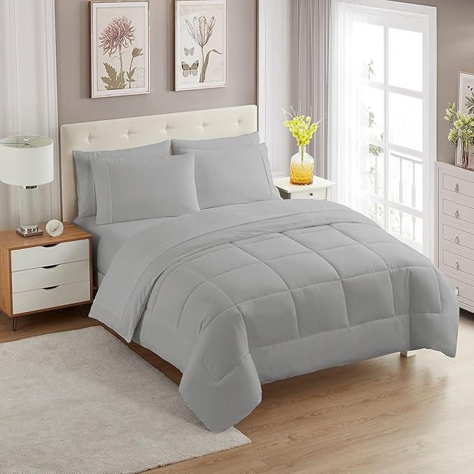 California King Comforter Set - Soft & Breathable 7-Piece Bedding Collection - 1 Comforter, 1 Fitted Sheet, 1 Flat, 4 Pillowcases - Deep Pocket - Premium Quality - Ideal for All Seasons, Silver