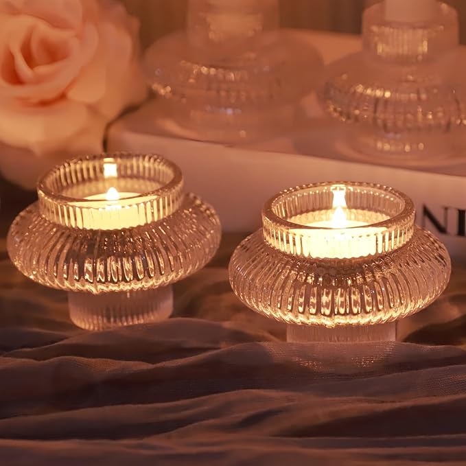 VOHO 12pcs Taper Candle Holders Ribbed Glass, Stylish Boho Candle Holder Stackable and Reversible for Candlesticks & Votive Candles, Clear Candle Sticks Holder Decor for Dining Table Centerpiece