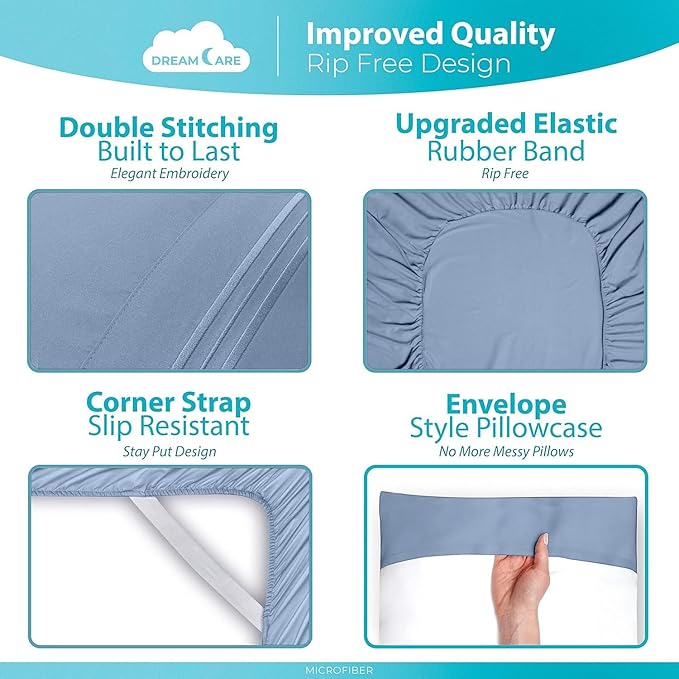 DREAMCARE Sheets Full Size Bed - Cooling Bed Sheets - 6pcs Set - Full Sheet Set - Full Size Sheets - Full Size Sheet Sets Soft & Long Lasting 100% Fine Brushed Polyester with Side Pocket - Light Blue
