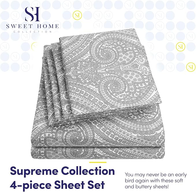 Twin Size Bed Sheets - 4 Piece 1500 Supreme Collection Fine Brushed Microfiber Deep Pocket Twin Sheet Set Bedding - 1 EXTRA PILLOW CASES, GREAT VALUE, Twin, Paisley Gray
