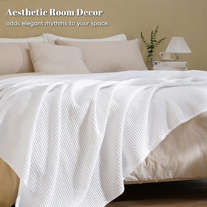 PHF 100% Cotton Waffle Weave Blanket King Size for Bed,Snag Proof Lightweight Breathable Moisture-Wicking Throw for Couch,Great for Layering in Cold Weather,Machine Washable,Home Decor Gift-White
