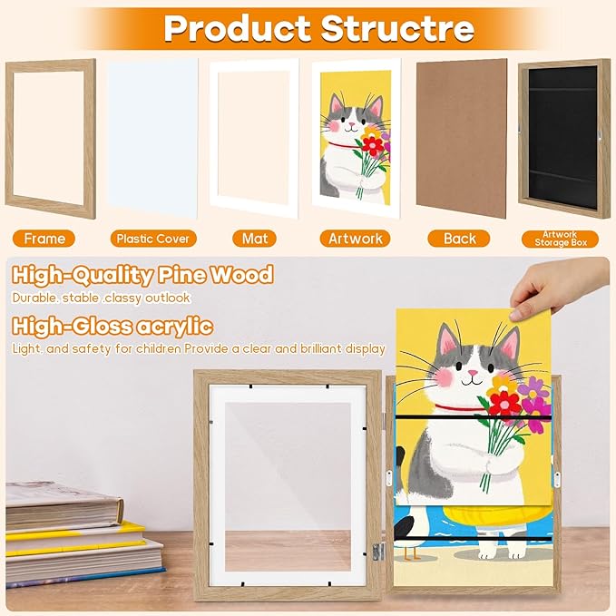 8 Pack Kids Artwork Frames Changeable 8.5 x 11 Inch Children Art Projects Kids Art Frames Front Opening Picture Display Frame, Wood