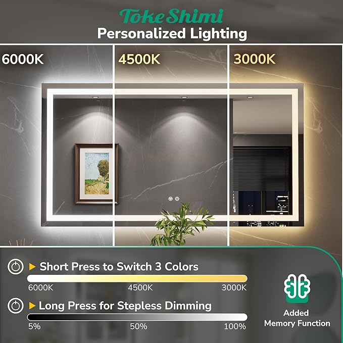 TokeShimi 40x32 Lighted Mirrors for Bathroom Wall,Backlit + Front lit LED Mirror for Bathroom,Dimmable 3-Color,Anti-Fog,Memory Function,Tempered Glass.Shatterproof,Waterproof,UL Listed