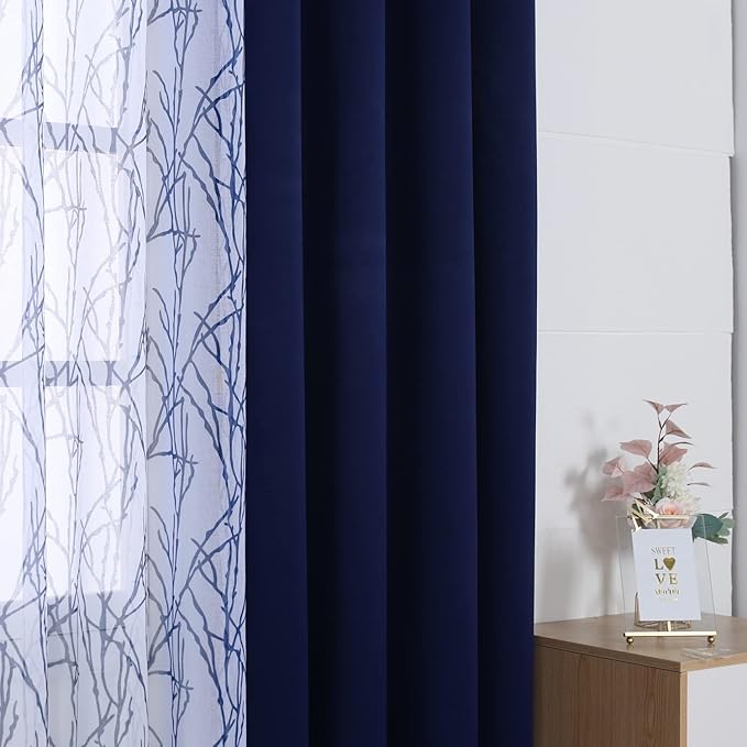 BONZER Mix and Match Curtains - 2 Pieces Branch Print Sheer Curtains and 2 Pieces Blackout Curtains for Bedroom Living Room Grommet Window Drapes, 37x84 Inch/Panel, Indigo, Set of 4 Panels