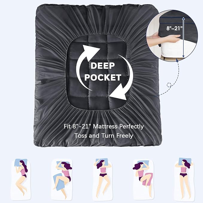 CYMULA Short Queen Mattress Pad, Cooling Bed Topper, Thick Pillow Top, Grey Plush Down Alternative Fill