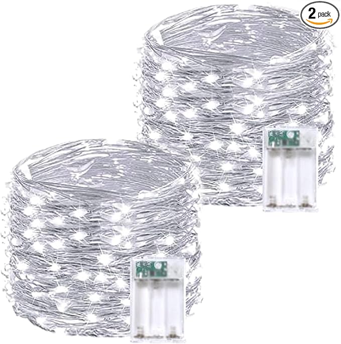 2 Pack 60 LED Christmas Fairy Lights Battery Operated with Timer, 20FT Waterproof Twinkle Lights Indoor Outdoor, String Lights for Bedroom, Wedding, DIY, Centerpiece, Christmas Decorations(Cool White)