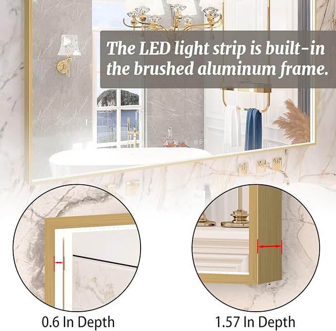55x32 Inch LED Bathroom Mirror, Gold Metal Framed Lighted Mirror for Bathroom, Wall Mouted LED Vanity Mirror with Lights, 3 Colors and Stepless Dimmable, Anti-Fog, Memory
