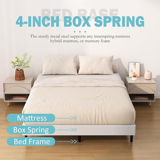 King Box Spring Bed Base 4 inch, Low Profile Metal Box Spring King with Fabric Cover, 3000 Lbs Max Weight Capacity Mattress Foundation, Noise-Free, Easy Assembly