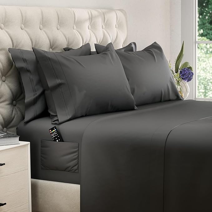 DREAMCARE Queen Sheet Set – 6 pcs Cooling Bed Sheets – up to 21” Deep Pocket Queen Sheets Set – 2500 Supreme Collection – Extra Soft 100% Brushed Microfiber Hotel Luxury with Side Pocket – Gray