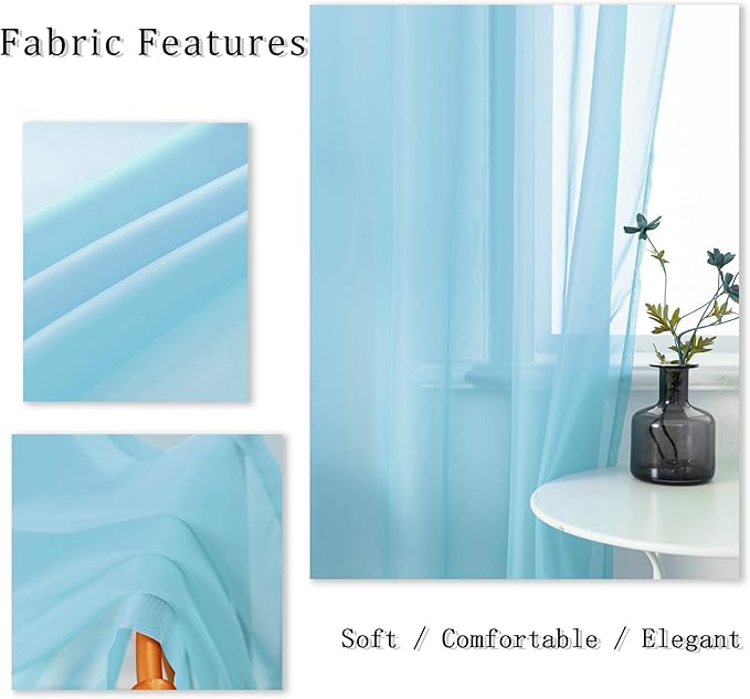 DUALIFE Sky Blue Voile Sheer Curtains Grommet,Look Semi Natural Light Flow Sheer Curtain Panels,Elegant Solid Color Touch Soft Drapes, 52X45 Inch for Living Room Bedroom,Set of 2 Panels Baby Blue