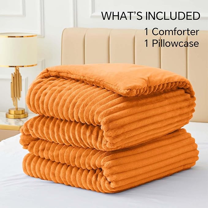 BEDELITE Fleece Twin Comforter Set -Super Soft & Warm Fluffy Burnt Orange Bedding, Luxury Fuzzy Heavy Bed Set for Winter with 1 Pillow case