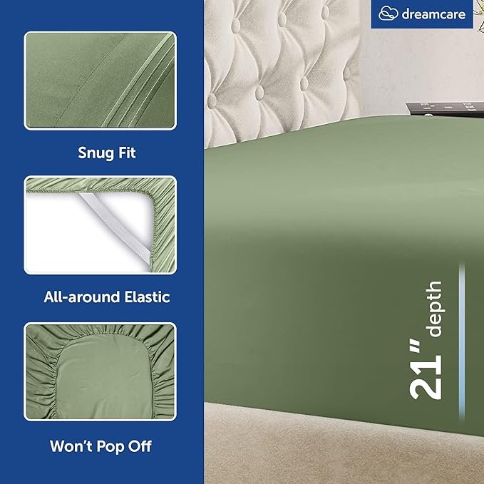 DREAMCARE Queen Sheet Set – 6 pcs Cooling Bed Sheets – up to 21” Deep Pocket Queen Sheets Set – 2500 Supreme Collection – Extra Soft 100% Brushed Microfiber Hotel Luxury with Side Pocket – Sage Green