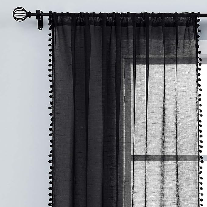 Treatmentex Pom-pom Sheer Black Curtains for Living Room 84 inches Length Modern Window Curtain Panels for Kids Room Drapes 1 Pair Rod Pocket