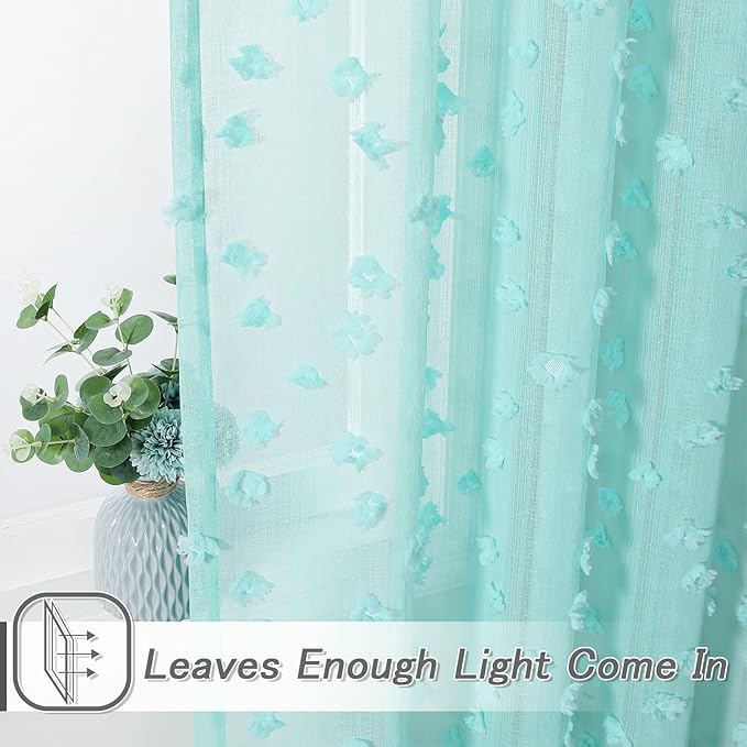 MYSKY HOME Pom Pom Aqua Sheer Curtains for Bedroom Girls Room Curtains 84 Inches Long for Nursery Kids Light Filtering Boho Window Drapes, Rod Pocket, 52" Wide, 2 Panels